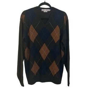 Luigi Baldo Cashmere Silk Blend Pullover Argyle Sweater Size XL Brown Blue Italy